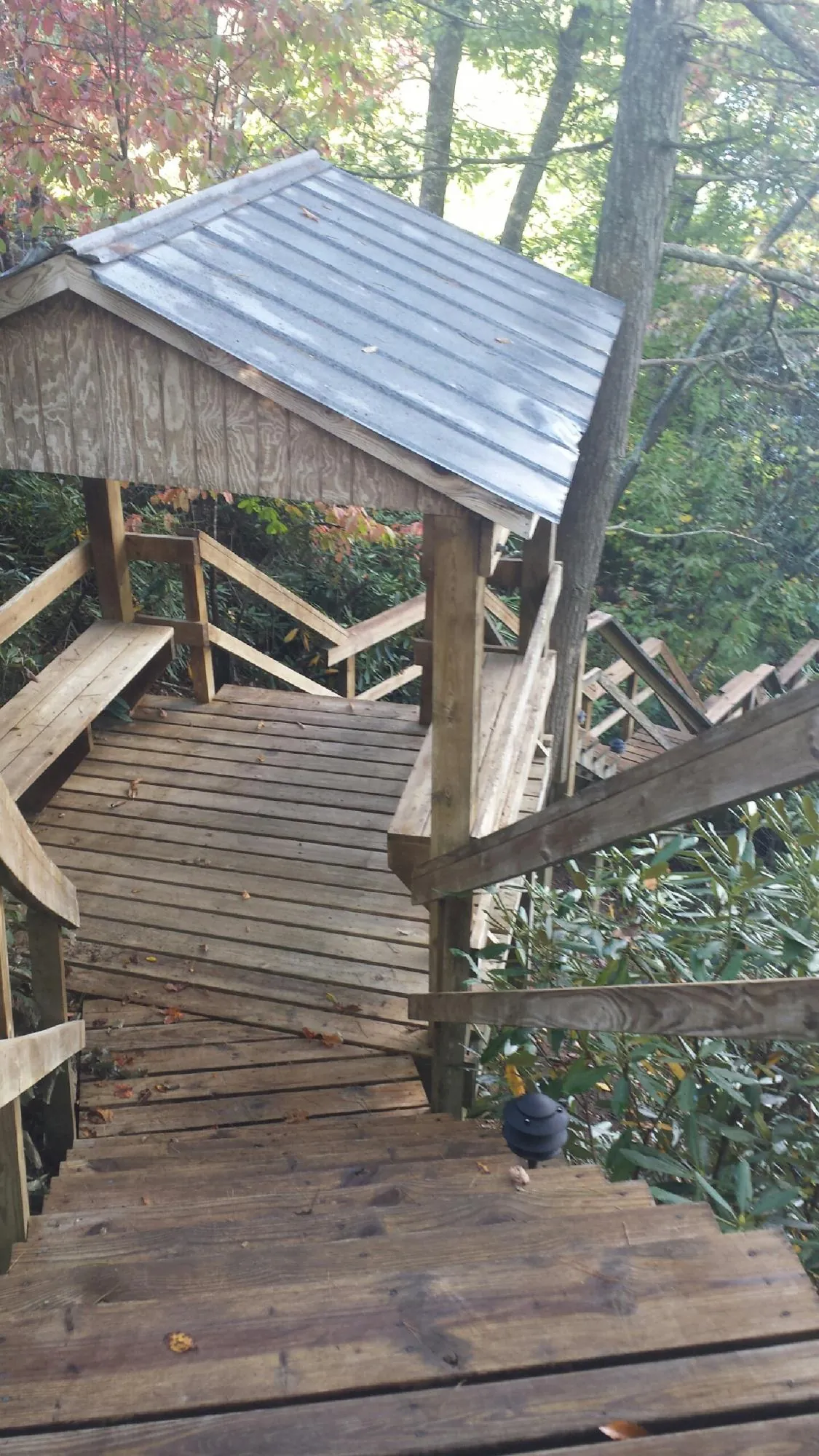 Metal roofed shelter over wooden steps on a wooded walkway — Skylight Repair & Installation work by our crew in Lookeba